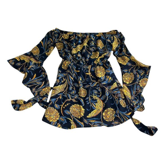E. SSUE Off The Shoulder Short Dress Sz Large Navy Yellow Floral Belt Flounce - Picture 8 of 8